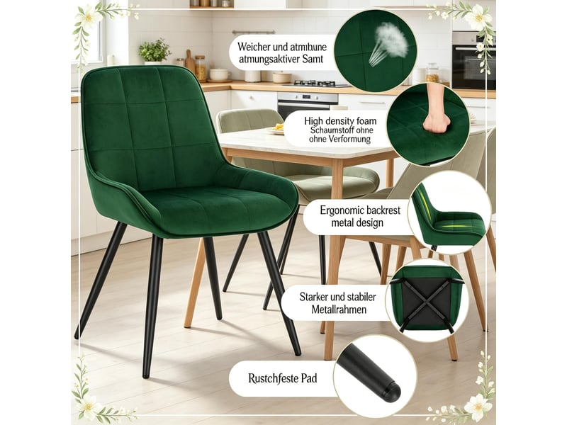  Lot de 4 chaises de salle à manger,avec pieds métal,velours,vert foncé  - Conforama D