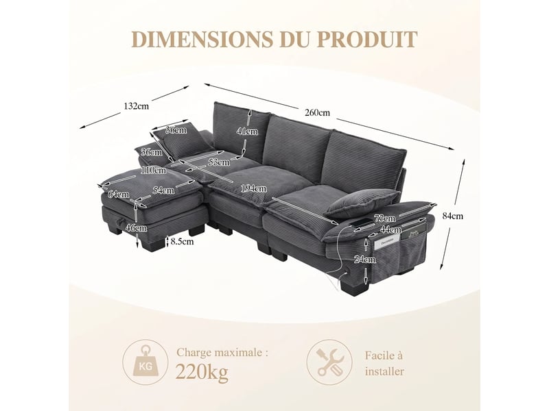 Canapé modulaire avec pouf rangement 260 x 132 x 84 cm - velours côtelé et usb-c intégré - Conforama C