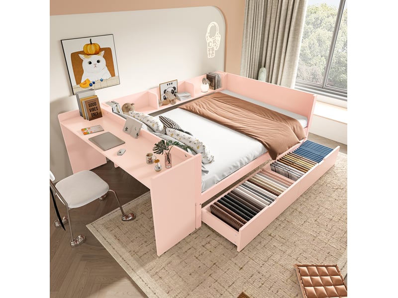  Lit 2 places 140x200 cm avec bureau, 2 tiroirs et étagères rose  - Conforama D
