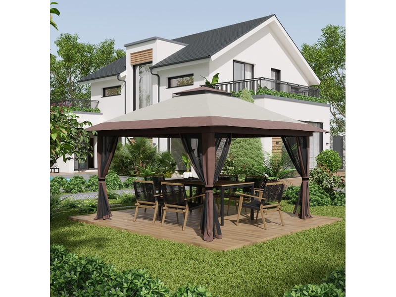  Pavillon pliant de jardin 4 x 4 m – beige – toit double uv50+ réglable et rideaux moustiquaires  - Conforama B