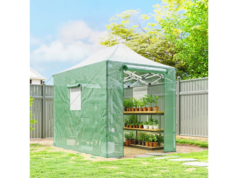  Serre pliante pliable en aluminium d'environ 200 x 300 x 270 cm, avec toit en pente, portes et fenêtres à fermeture éclair.  - Conforama D