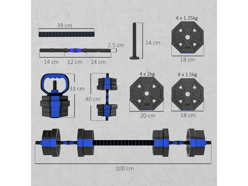  Kit de musculation multifonction 6 en 1, 20 kg au total, en plastique et sable, 125 x 18 x 18 cm, bleu  - Conforama E