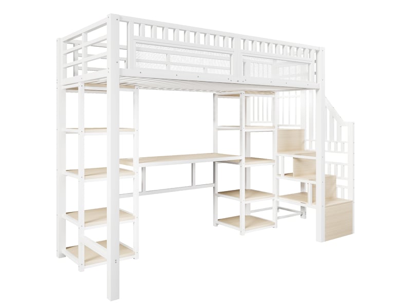  Lit surélevé 90 x 200 cm blanc, structure métallique, échelle avec rangement, bureau, led et usb, sans matelas  - Conforama A