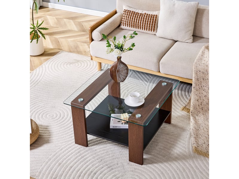  Table basse avec rangement, plateau en verre trempé et aspect noyer  - Conforama E