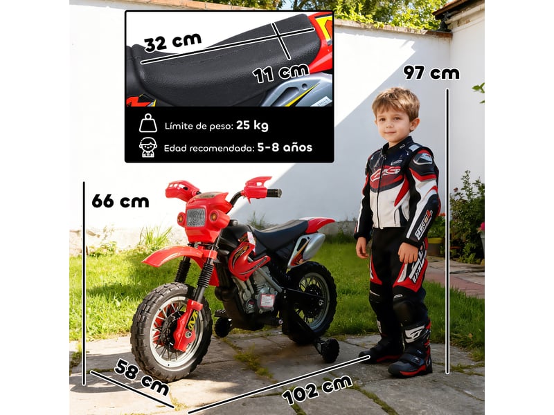  Moto électrique pour enfants, batterie rechargeable 6 v, à partir de 3 ans, chargeur et stabilisateurs inclus, 102 x 58 x 66 cm, rouge  - Conforama E
