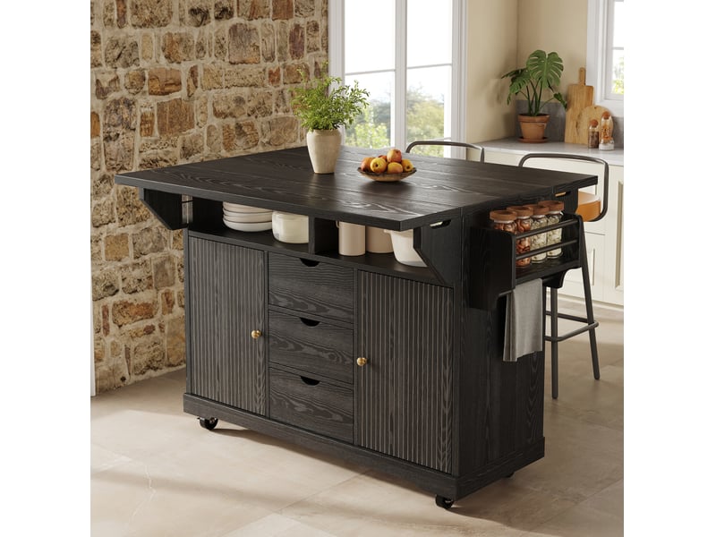  Desserte de cuisine avec 3 tiroirs, extensions rabattables et roulettes freinées en mdf noir, 142,5 × 80 × 95 cm  - Conforama D