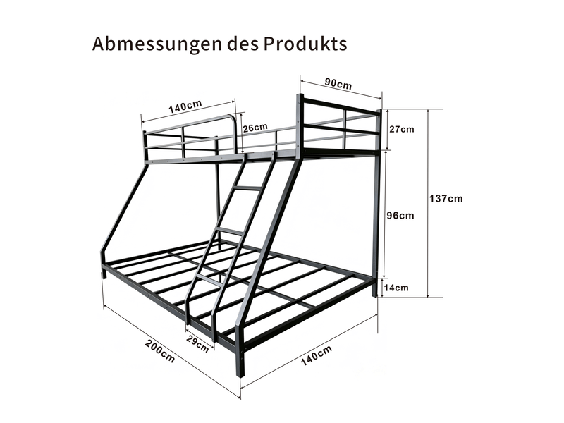 Lit superposé en métal noir 200 x 140 cm, couchages 80 x 190 et 130 x 190 cm - Conforama C