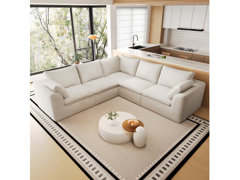  Canapé nuage en v 5 places 245x245x83 cm en tissu beige blanc  - Conforama B