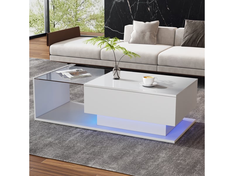 Table basse avec tiroir, plateau en verre et led pour salon 100×50×32 cm en panneaux de particules blanc  - Conforama B