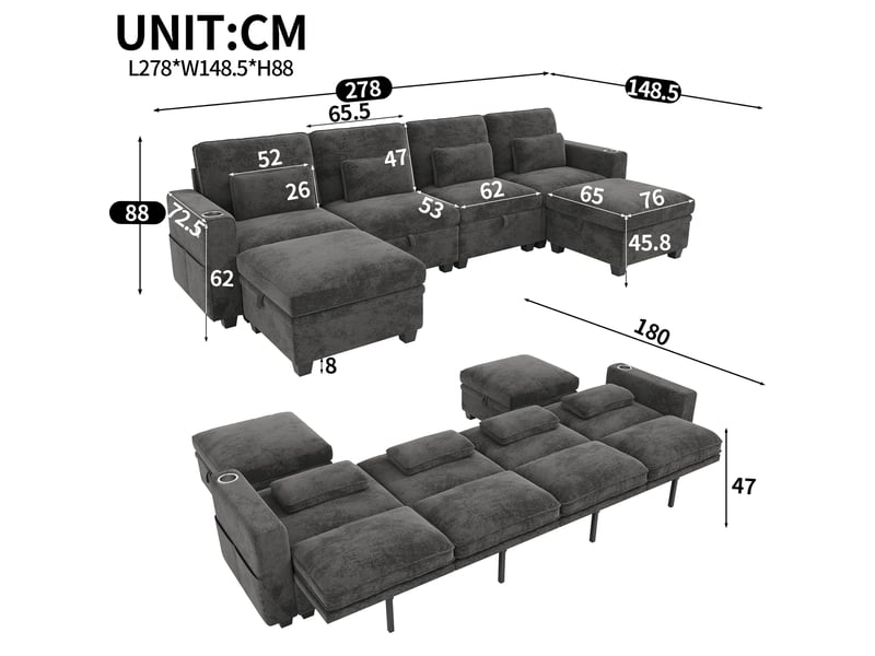  Canapé panoramique convertible 6 places en chenille gris, modulable ul avec 2 poufs de rangement, usbtype-c, dossier réglable, 278 x 148,5 x 88 cm  - Conforama D