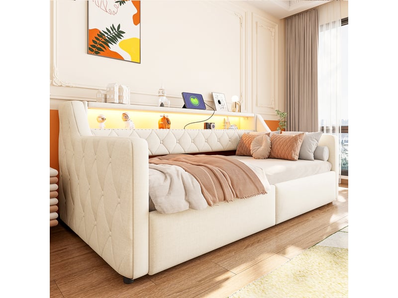 Lit coffre hydraulique 90x200 cm avec led, usb et usb-c, tissu lin beige, structure mdf, sans matelas - Conforama W