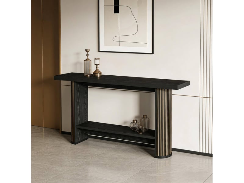  Console avec design moderne, structure fine et finition bois pour salon et entrée en bois noir 140 × 30 × 80 cm  - Conforama D