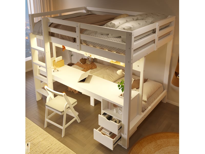  Lit superposé enfant 90x200 et 140x200 cm avec bureau, tiroirs et led blanc naturel  - Conforama D