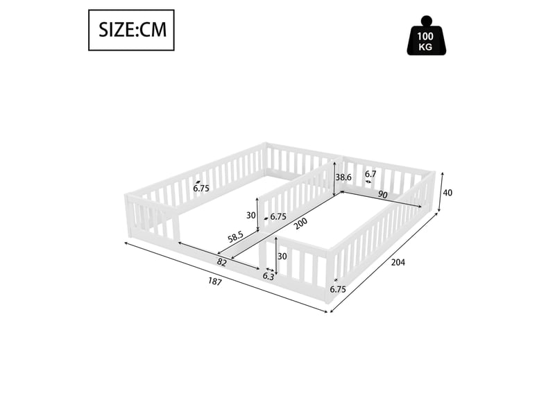 Lit avec barrière 2 places, structure au sol, 90×200 cm et 90×200 cm, sans matelas, en pin et mdf, blanc  - Conforama E