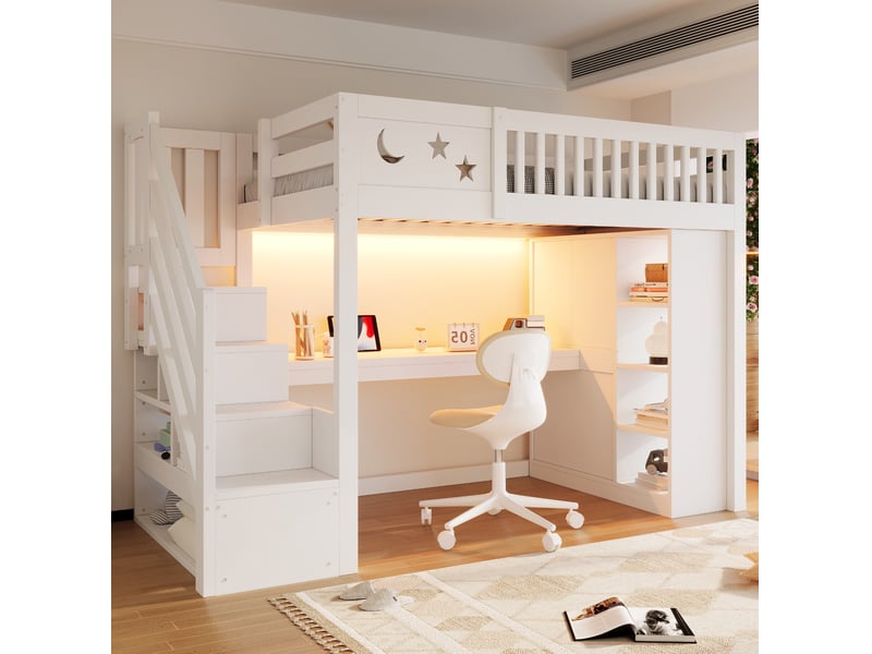  Lit mezzanine 90x200 cm avec bureau, éclairage led et rangement en bois et mdf couleur blanc, sans matelas  - Conforama B