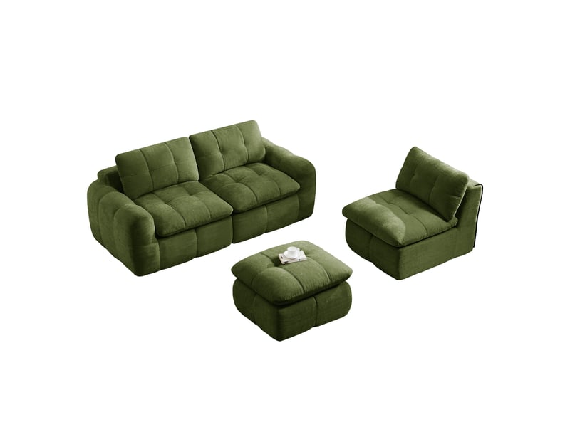  Canapé d'angle modulaire 3 places avec pouf, sans cadre et mousse haute densité, en chenille vert, 264 × 160 × 68 cm  - Conforama A