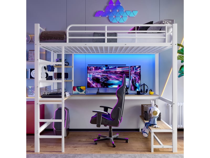  Lit mezzanine 90x200 cm blanc, avec bureau, rangements, panneau perforé, échelle, led, usb-c, structure métal, sommier inclus, sans matelas  - Conforama R