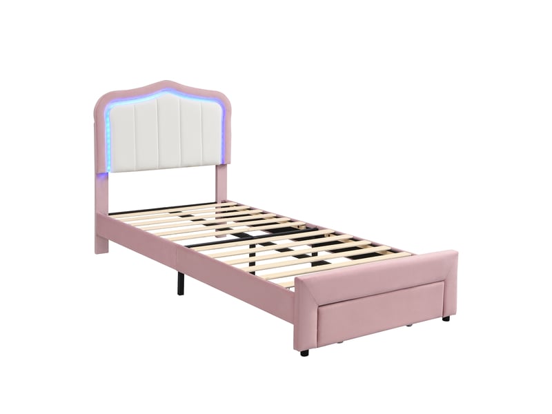  Lit capitonné enfant 90x200 cm lit fille lit simple rembourré en velours avec éclairage led tiroir de rangement, rose  - Conforama A