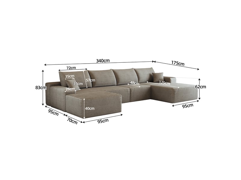  Canapé d’angle modulable 340 cm avec méridienne en l, 5 places, mousse haute élasticité, camel  - Conforama E