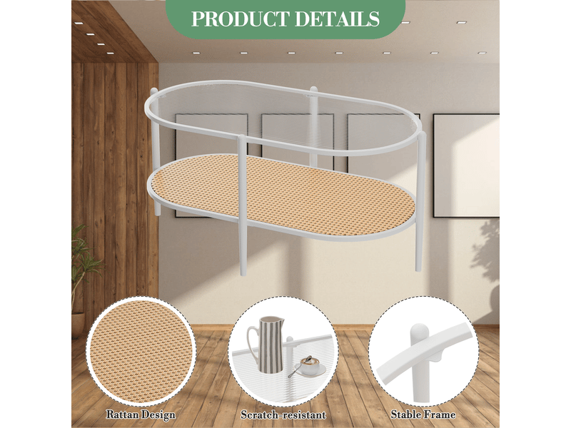  Table basse ovale en rotin - plateau en verre trempé ondulé - 2 niveaux avec étagère - cadre métal renforcé - 95 x 50 x 46 cm ，blanc PHK_346K9WCN - Conforama E