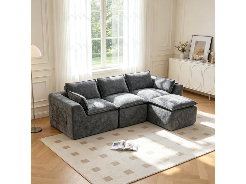 Canapé modulable compression d'angle en l,256x161x75cm,velours côtelé,canapé 3 places avec pouf,porte-gobelets,poches latérales,sans montage,gris foncé - Conforama B