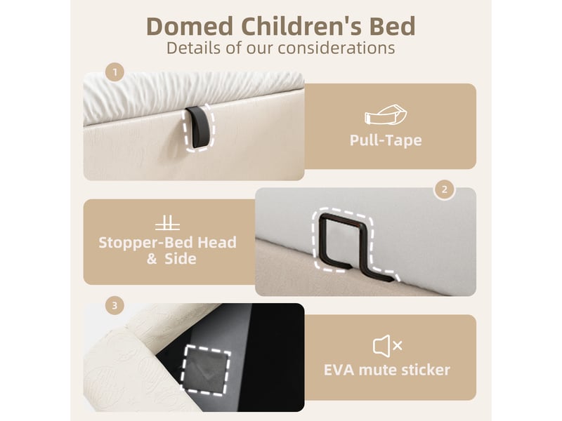  Lit coffre enfant 90x190 cm avec rangement et tête demi-arche, beige, structure métal, bois et pu, sans matelas  - Conforama E