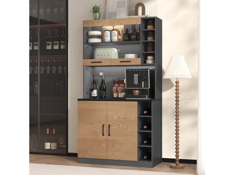  Armoire de cuisine avec led 100x47x187 cm, buffet haut pour micro-ondes, étagères réglables, gris et bois  - Conforama R
