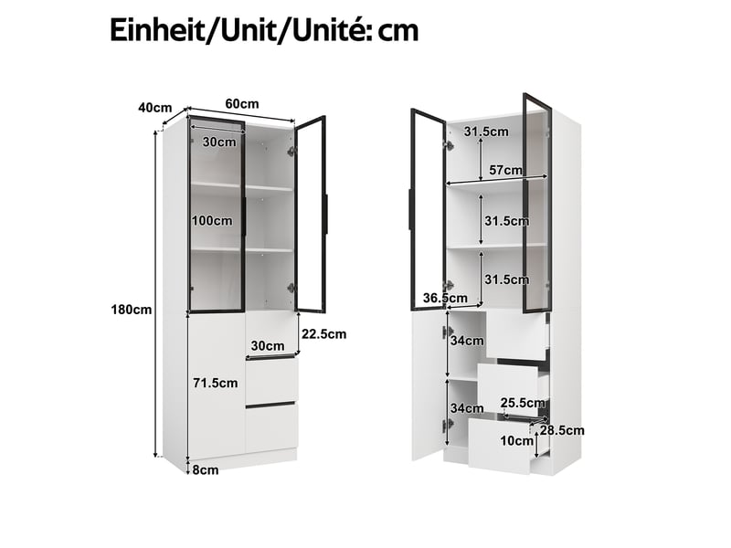 Buffet 60x40x180 cm avec portes, structure en aluminium, éclairage led contrôlable, en panneau de particules, blanc - Conforama C