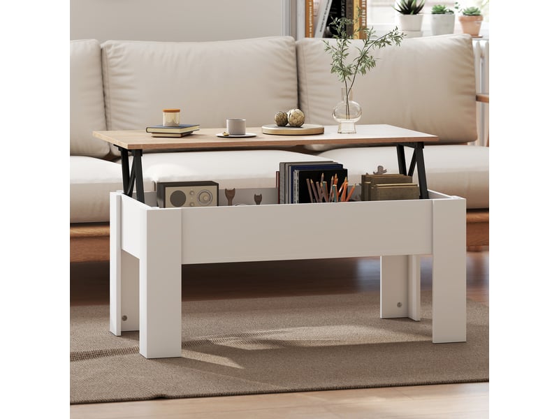  Table basse relevable, table de salon avec compartiment caché, style moderne, pour salon, bureau, 100x50x45cm, blanc  - Conforama W