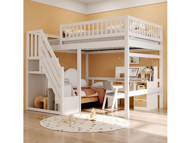 Lit mezzanine enfant 140 x 200 cm blanc avec escalier de rangement - Conforama C