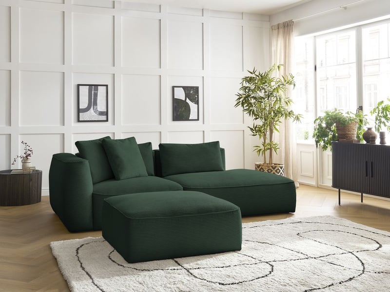  Bobochic canapé droit fixe 3 places leopold velours côtelé avec pouf vert foncé  accoudoir gauche LEOPOLD - Conforama D