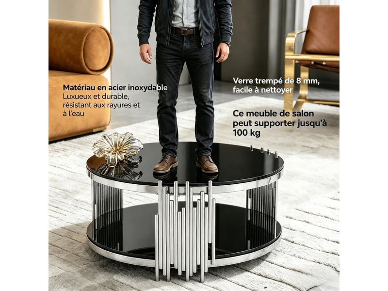  Table basse ronde en verre noir muvano, double plateau en verre trempé, piètement en acier inoxydable argenté, 80 cm  - Conforama D