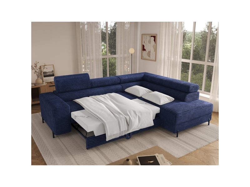  Canapé d'angle colesia convertible 5 places bleu foncé velours côtelé – droit – 274x200cm  - Conforama C