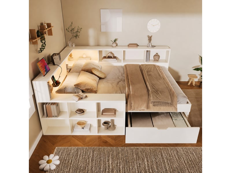Lit fonctionnel blanc 140x190 cm avec rangements, liseuses, usb et type-c Fay Lum - Conforama D