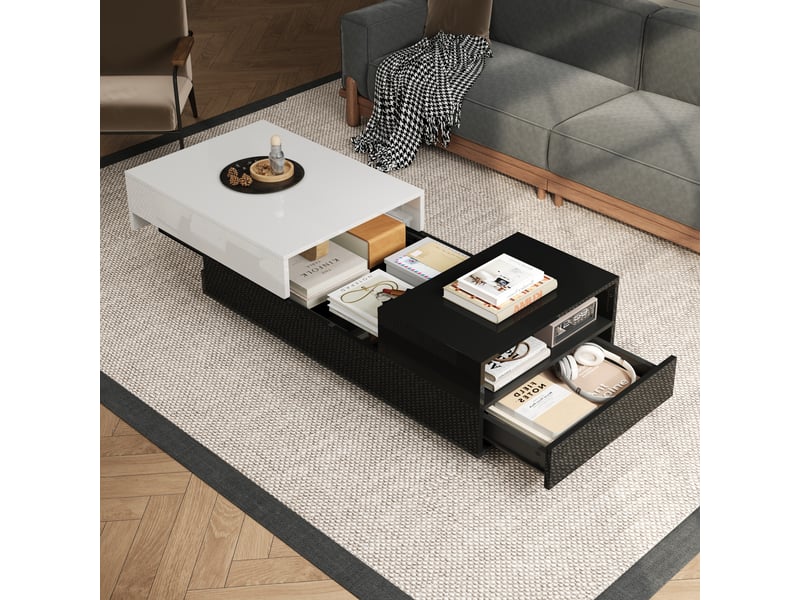  Table basse noir et blanc 100x50cm, table de salon avec tiroir et plateau coulissant, design géométrique finition brillante  - Conforama E
