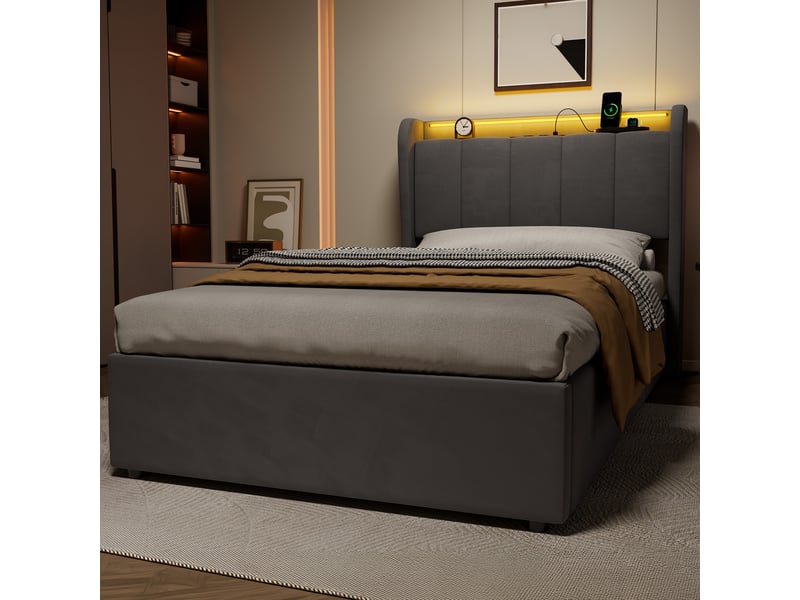  Lit coffre 90x200 cm avec tête de lit rangement, led et ports usb, velours gris foncé, sans matelas  - Conforama B