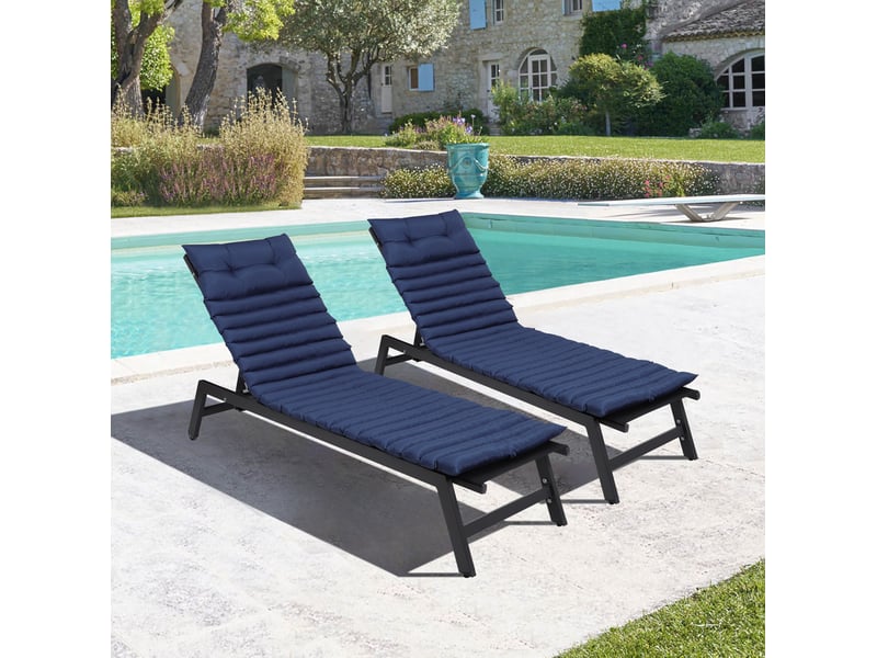 Lot de 2 coussins de chaise longue d'extérieur en polyester bleu, avec sangles de fixation réglables - Conforama B