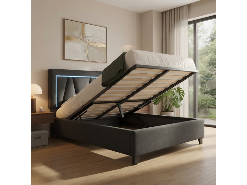  Gutenacht lit capitonné 160x200 cm en lin avec led, usb-c et matelas inclus  - Conforama C