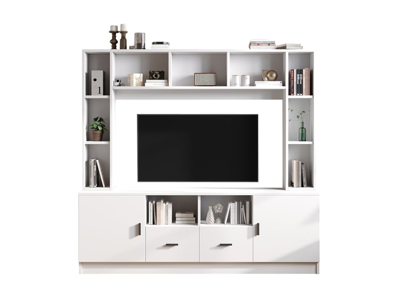  Meuble tv blanc avec 2 portes et 2 tiroirs, rangement multifonction en panneau de particules  - Conforama A