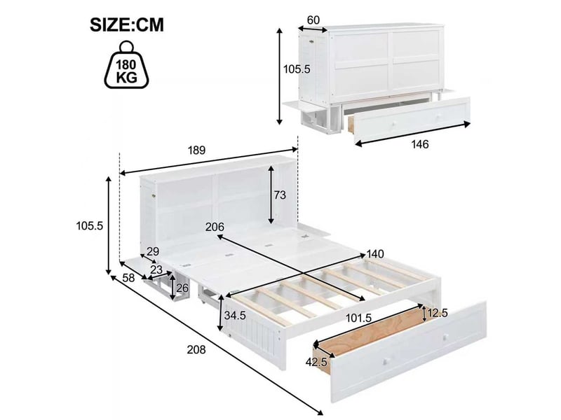  Lit 140x200 cm blanc multifonction – rangements, tiroirs intégrés et étagère transformable  - Conforama C