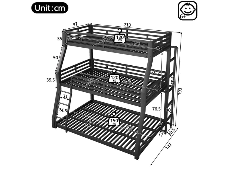  Lit superposé triple en métal noir, couchages 90x200, 120x200 et 140x200 cm, échelles modulables, sans matelas  - Conforama C