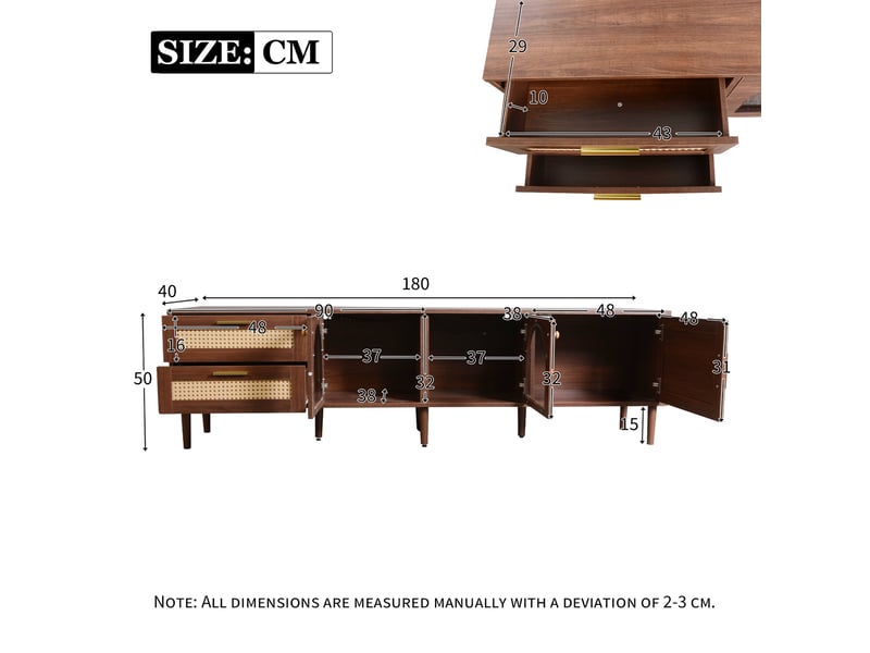 Meuble tv pour écran 80 pouces avec éclairage led et portes en verre, 180x40x50 cm, panneaux de particules, marron - Conforama C