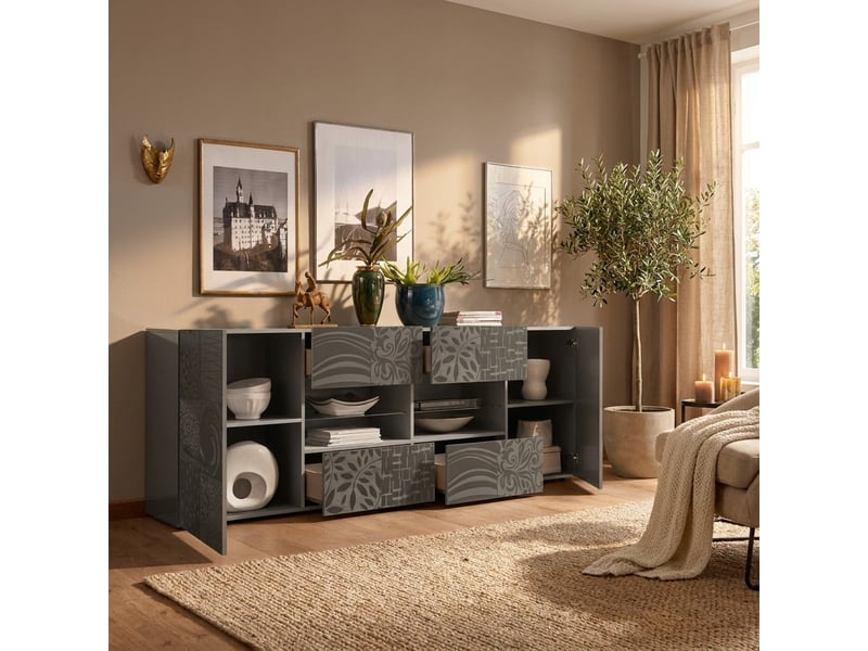  Buffet bahut de salon 2 portes 4 tiroirs miro - gris foncé  - Conforama C