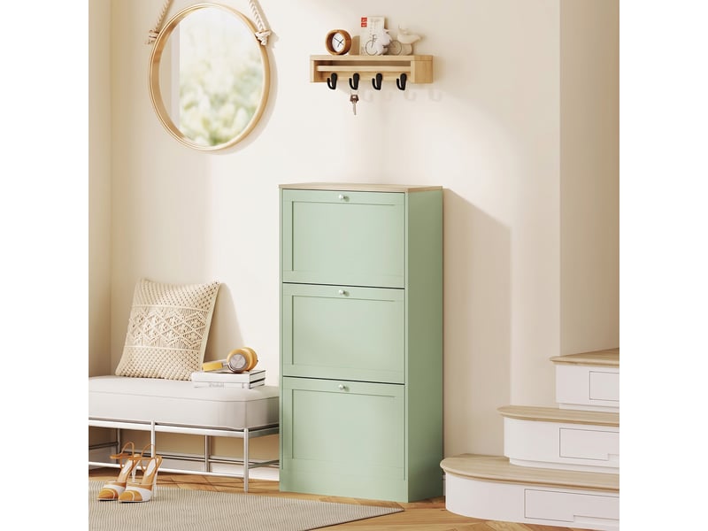  Meuble à chaussures style moderne, 3 portes abattantes, 60 x 23,5 x 115 cm, 18 paires de chaussures, vert  - Conforama D