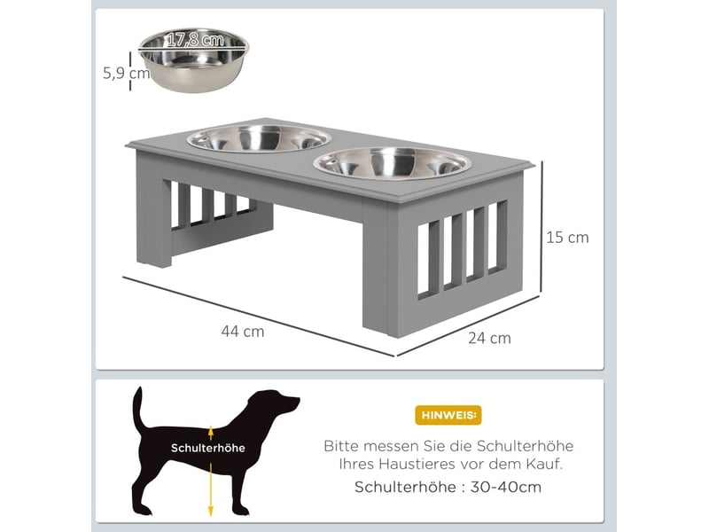  Support avec deux bols 44x24x15 cm surélevé mdf gris  - Conforama D