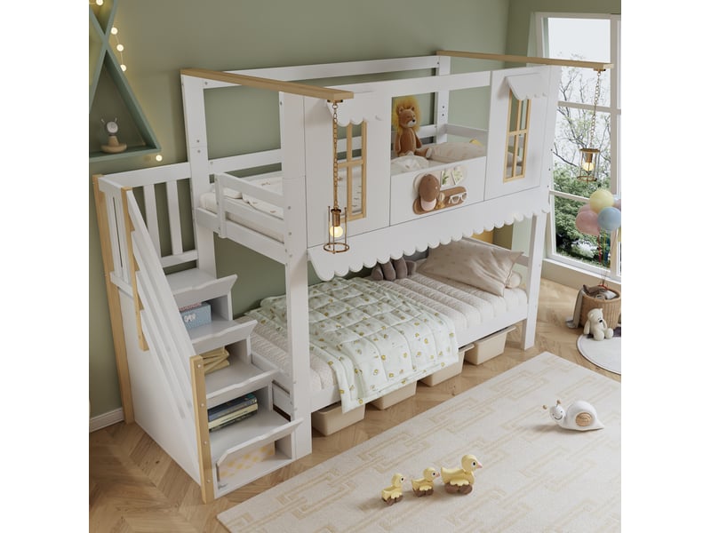  Lit superposé enfant 90 x 200 cm blanc et naturel avec escalier de rangement  - Conforama D