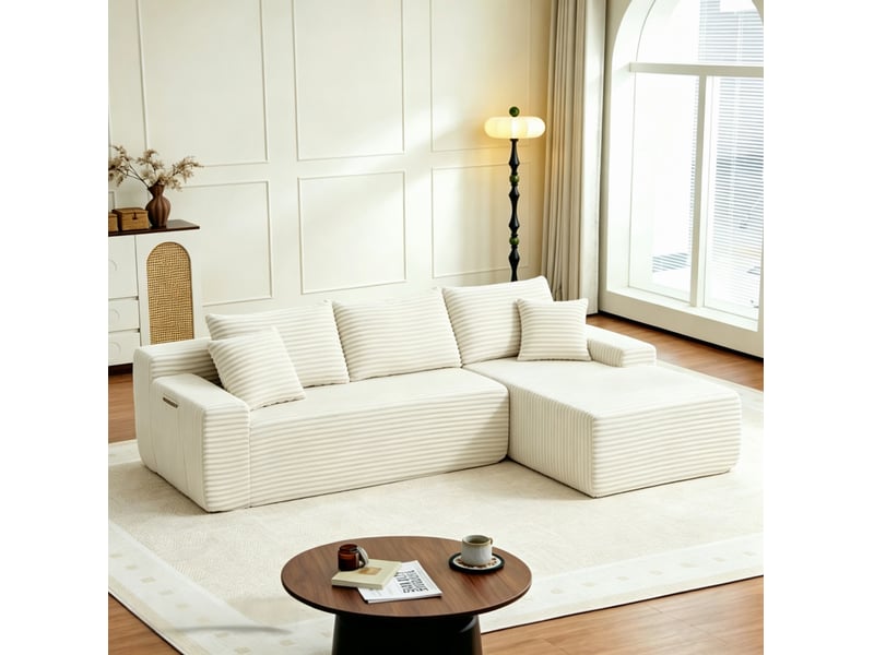Canapé d’angle modulable 4 places en velours côtelé beige, 239x156x79 cm - Conforama W