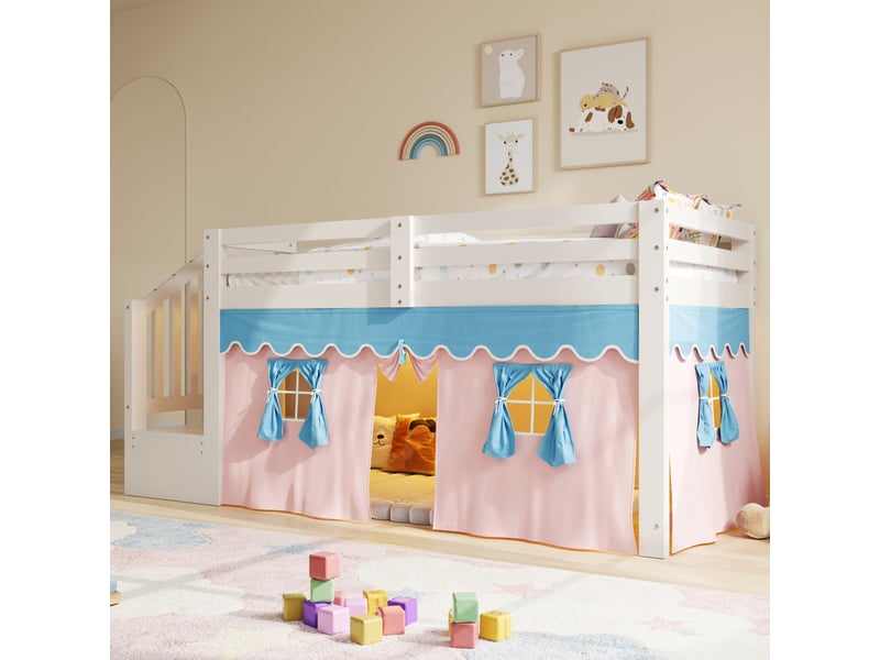  Lit mezzanine semi-haut 90x200 cm avec rangement et led, coloris blanc  - Conforama B