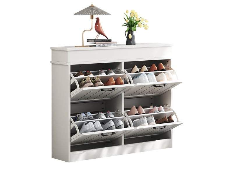  Meuble à chaussures 105x24x83 cm à 4 portes abattantes, rangements modulables en mdf blanc  - Conforama A