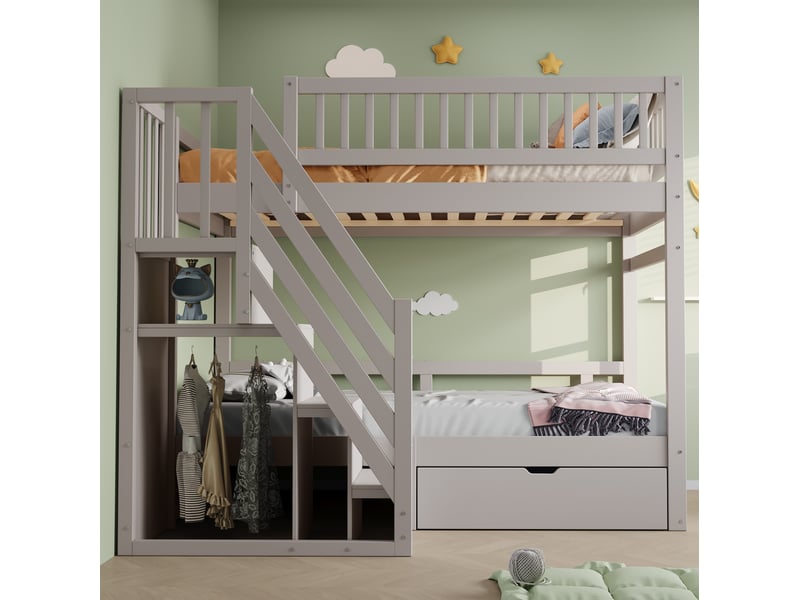 Lit superposé 90x200 cm avec rangement en bois gris - Conforama D